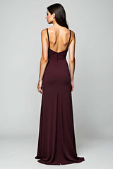 Dreamyannie Cabernet Satin Backless Deep V-Neck Long Formal Dress