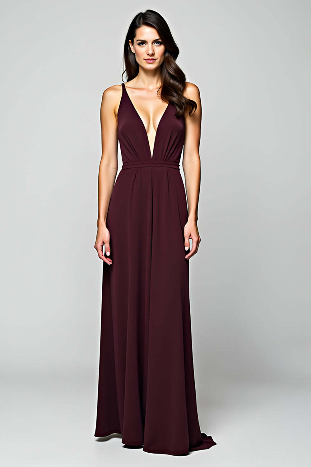 Dreamyannie Cabernet Satin Backless Deep V-Neck Long Formal Dress