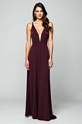 Dreamyannie Cabernet Satin Backless Deep V-Neck Long Formal Dress