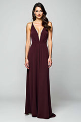 Dreamyannie Cabernet Satin Backless Deep V-Neck Long Formal Dress