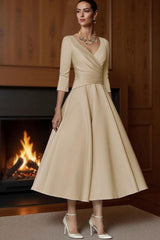 Dreamyannie Champagne A Line Ankle Length Satin Mother Of The Bride Dress With Sleeves