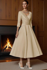 Dreamyannie Champagne A Line Ankle Length Satin Mother Of The Bride Dress With Sleeves