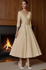 Dreamyannie Champagne A Line Ankle Length Satin Mother Of The Bride Dress With Sleeves