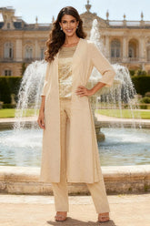 Dreamyannie Champagne Boat Neck 3 Piece Mother Of The Bride Pant Suits With Jacket