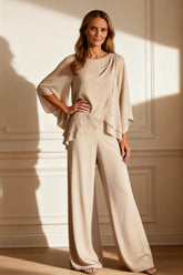 Dreamyannie Champagne Chiffon Boat Neck 2 Piece Mother Of The Bride Pant Suits