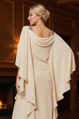 Dreamyannie Champagne Chiffon Ruffled Cowl Neck Sheath Ankle Length Mother Of The Bride Dress