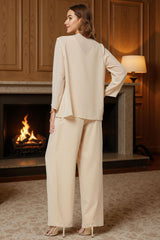 Dreamyannie Champagne Chiffon V Neck 3 Piece Mother Of The Bride Pant Suits With Lace