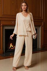 Dreamyannie Champagne Chiffon V Neck 3 Piece Mother Of The Bride Pant Suits With Lace
