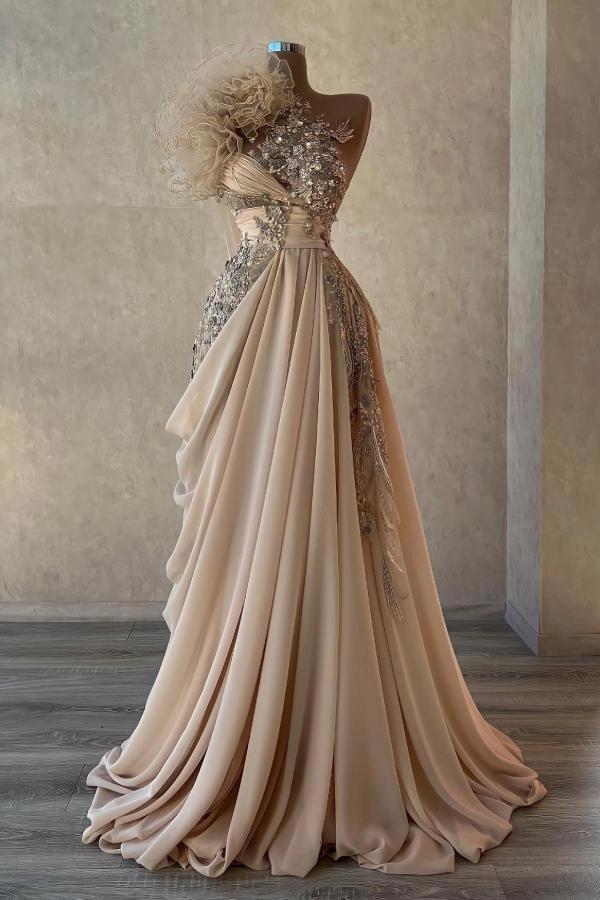 Dreamyannie Champagne Prom Dress A Line One Shoulder Beaded Sleeveless Formal Dress