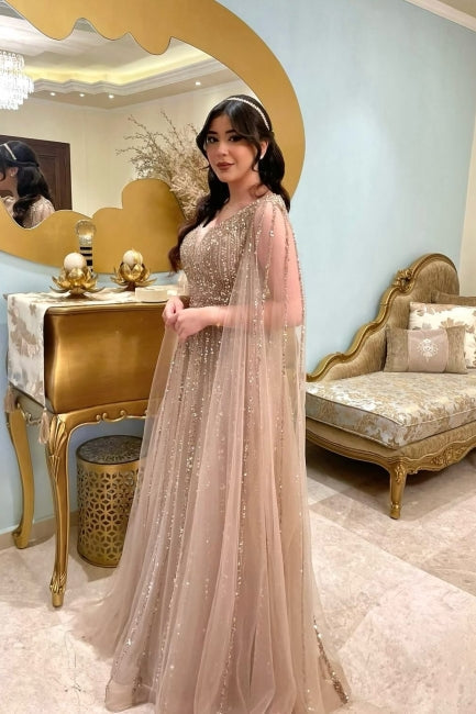 Dreamyannie Champagne Prom Dress A Line V Neck Sequined Floor Length Tulle Formal Dress