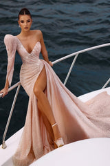 Dreamyannie Champagne Prom Dress Asymmetrical One Shoulder Sequined Sleeves Panel Train Tulle Formal Dress With Slit