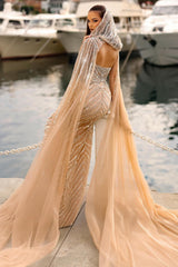 Dreamyannie Champagne Prom Dress Column Strapless Sweetheart Sleeveless Sequined Tulle Formal Dress