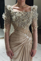 Dreamyannie Champagne Prom Dress Mermaid Square Beaded Sleeve Satin Formal Dress
