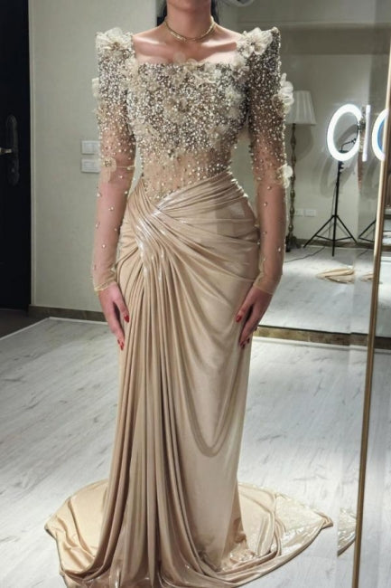 Dreamyannie Champagne Prom Dress Mermaid Square Beaded Sleeve Satin Formal Dress