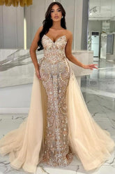 Dreamyannie Champagne Prom Dress Mermaid Strapless Lace Glitter Evening Dress With Detachable Train
