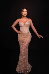 Dreamyannie Champagne Prom Dress Mermaid Sweetheart Sleeveless Lace Formal Dress With Appliques