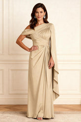 Dreamyannie Champagne Ruffled One Shoulder Floor Length Mother Of The Bride Dress With Side Cape