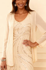 Dreamyannie Champagne Sequins 2 Piece Ankle Length Mother Of The Bride Dress With Jacket