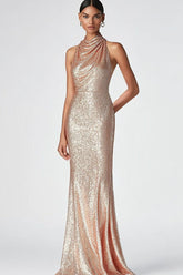 Dreamyannie Champagne Wedding Guest Dress Halter Mermaid Long Formal Dress