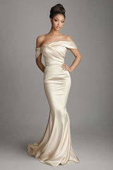 Dreamyannie Champagne Wedding Guest Dress Satin Sheath Long Formal Dress