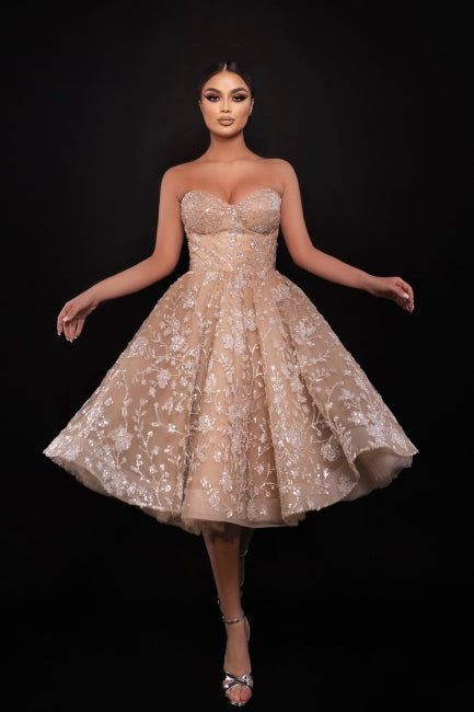 Dreamyannie Champagne Wedding Guest Dress Sweetheart A Line Sequined Tulle Homecoming Dress