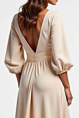 Dreamyannie Champagne Wedding Guest Dress V-Neck A Line Ruched Long Formal Dress