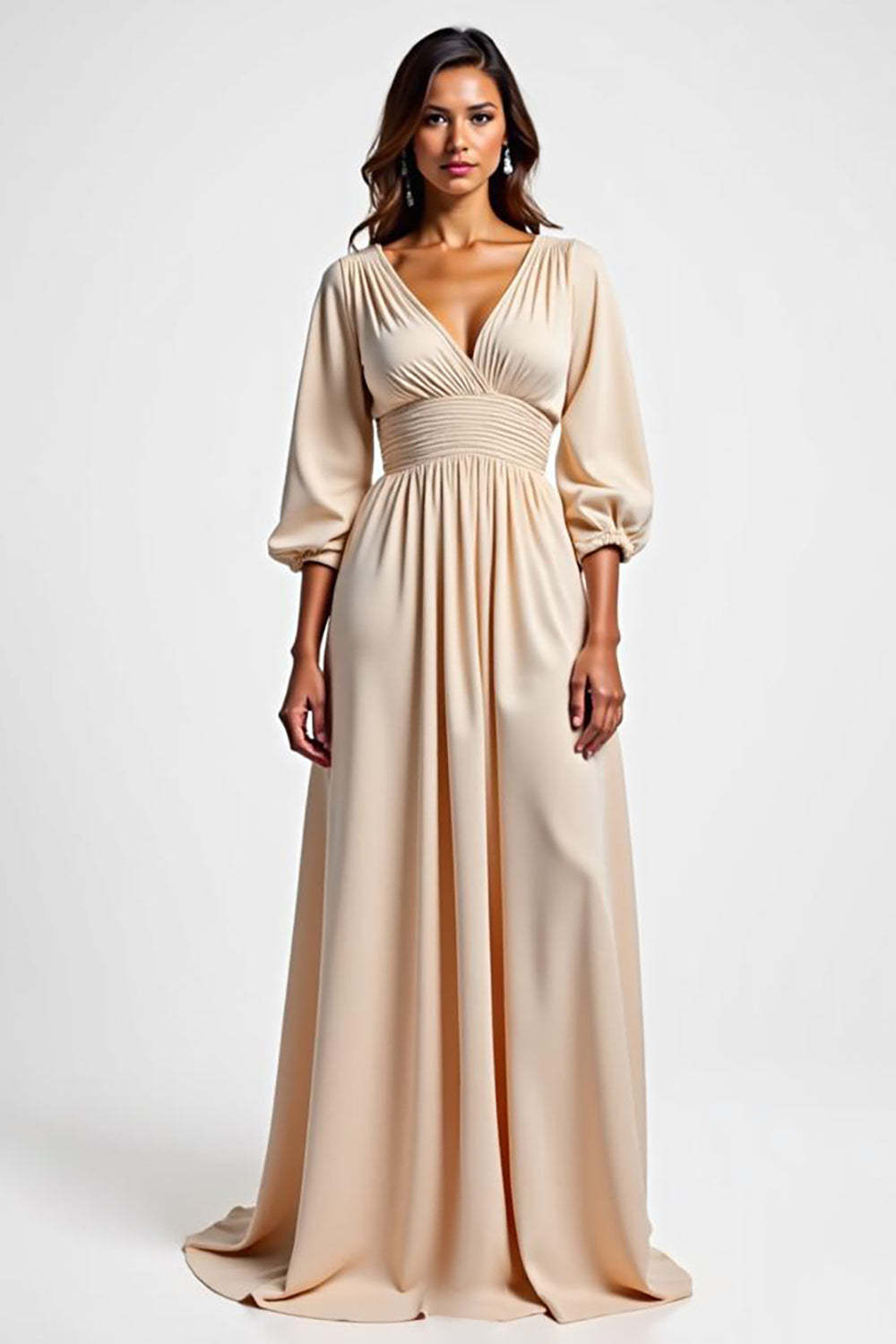 Dreamyannie Champagne Wedding Guest Dress V-Neck A Line Ruched Long Formal Dress
