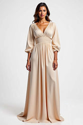 Dreamyannie Champagne Wedding Guest Dress V-Neck A Line Ruched Long Formal Dress