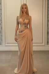 Dreamyannie Champange Prom Dress Strapless Sweetheart Satin Chiffon Sleeveless Formal Dress