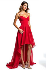 Dreamyannie Chiffon High-Low Spaghetti Straps Red Wedding Guest Dress Formal Dress