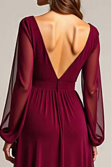 Dreamyannie Chiffon Long Burgundy Wedding Guest Dress Formal Dress With Ruffles