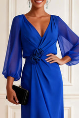 Dreamyannie Chiffon Royal Blue V Neck Asymmetrical Floral Mother Of The Bride Dress