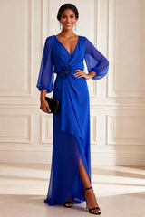 Dreamyannie Chiffon Royal Blue V Neck Asymmetrical Floral Mother Of The Bride Dress