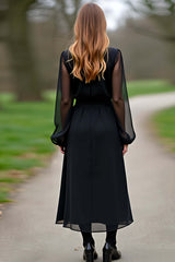 Dreamyannie Chiffon Sleeves A Line Black Wedding Guest Dress Formal Dress