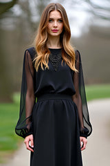 Dreamyannie Chiffon Sleeves A Line Black Wedding Guest Dress Formal Dress