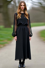 Dreamyannie Chiffon Sleeves A Line Black Wedding Guest Dress Formal Dress