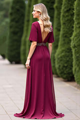 Dreamyannie Chiffon V-Neck Burgundy Wedding Guest Dress Formal Dress With Beading