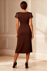 Dreamyannie Chocolate Sheath Boat Neck Midi Mother Of The Bride Dress With Lace