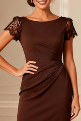 Dreamyannie Chocolate Sheath Boat Neck Midi Mother Of The Bride Dress With Lace