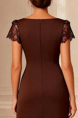 Dreamyannie Chocolate Sheath Boat Neck Midi Mother Of The Bride Dress With Lace