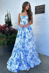 Dreamyannie Classic Blue Floral A-Line Square Neck Backless Long Prom Gown Formal Evening Gown