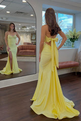 Dreamyannie Classic Mermaid Sweetheart Yellow Long Prom Dress With Split Front Open Back Formal Evening Gown
