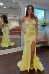 Dreamyannie Classic Mermaid Sweetheart Yellow Long Prom Dress With Split Front Open Back Formal Evening Gown