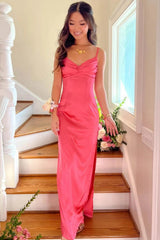 Dreamyannie Classic Sheath Spaghetti Straps Candy Pink Long Prom Dress With Ruched Formal Evening Gown