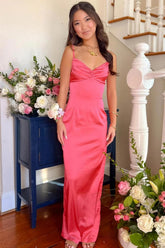 Dreamyannie Classic Sheath Spaghetti Straps Candy Pink Long Prom Dress With Ruched Formal Evening Gown