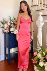 Dreamyannie Classic Sheath Spaghetti Straps Candy Pink Long Prom Dress With Ruched Formal Evening Gown