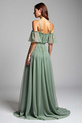 Dreamyannie Cold Shoulder A Line Dusty Sage Wedding Guest Dress Long Formal Dress