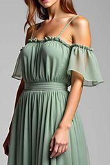 Dreamyannie Cold Shoulder A Line Dusty Sage Wedding Guest Dress Long Formal Dress