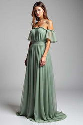 Dreamyannie Cold Shoulder A Line Dusty Sage Wedding Guest Dress Long Formal Dress