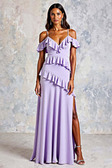Dreamyannie Cold Shoulder Lilac Ruffled Long Chiffon Formal Dress